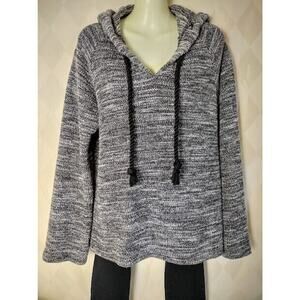 Paper Crane Woven Hooded Pullover Top with Tasseled Ties, Gray & Wht, Size M